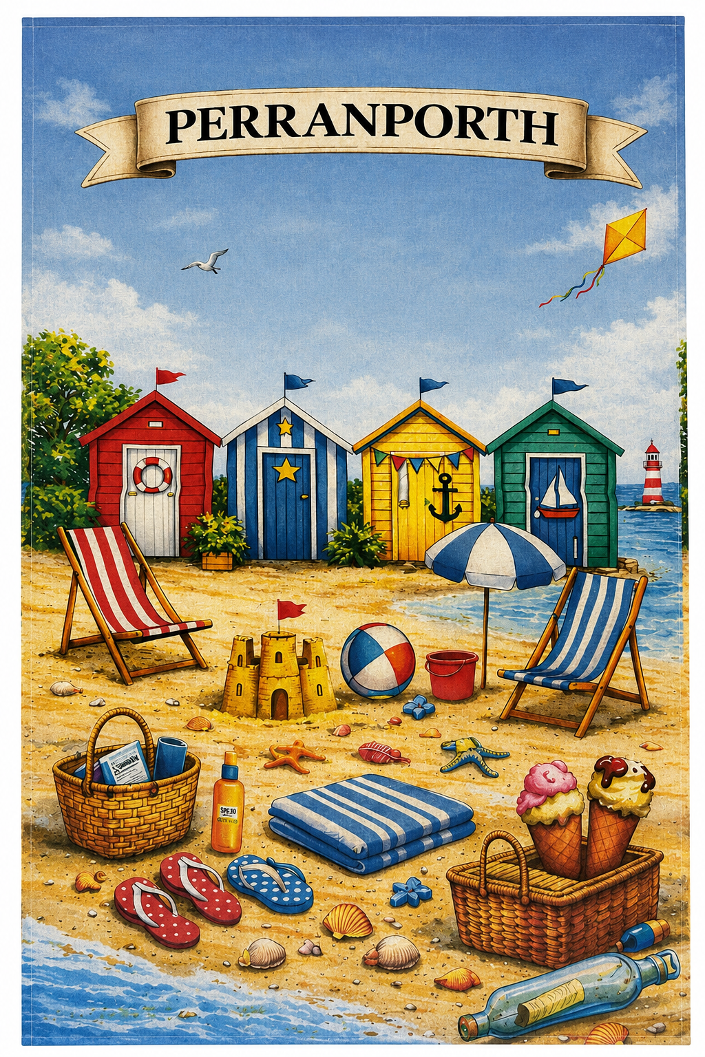Beach Huts Design Printed Tea Towel