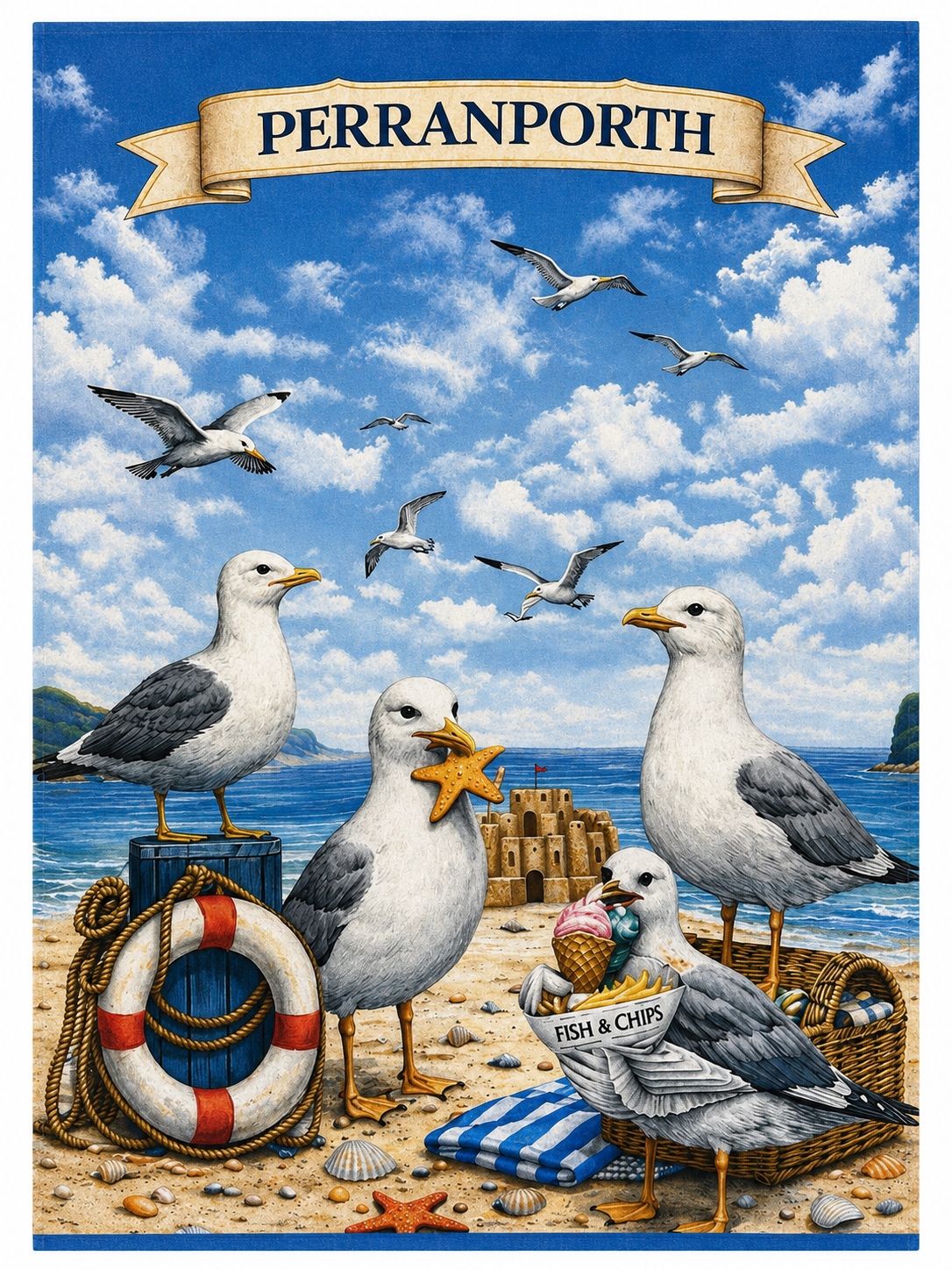 Seagulls Design Printed Tea Towel